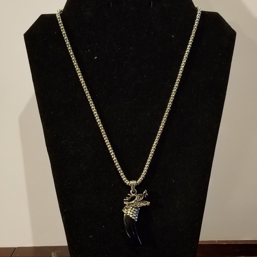 Silver Dragon Fang Black Obsidion Necklace
